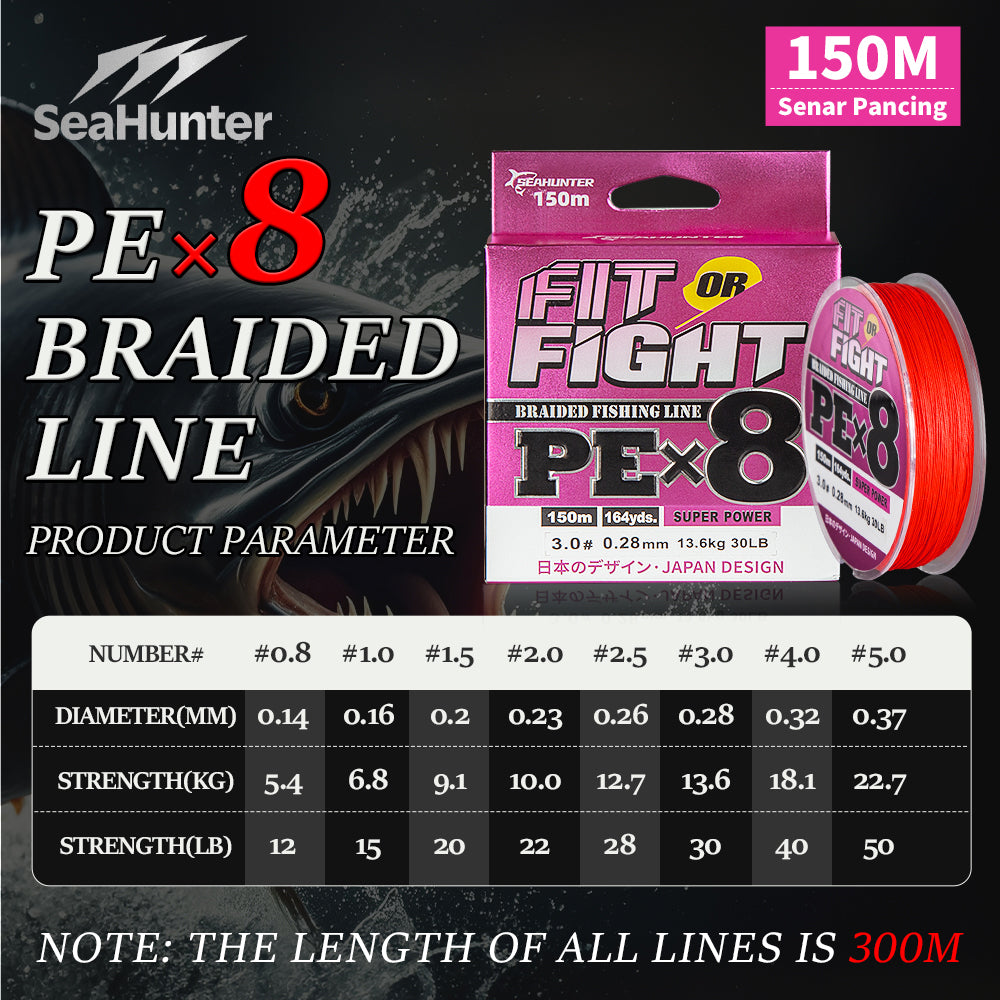 SeaHunter Fit or Fight PE X8 150M 300M Japanese Braided Fishing Line Saltwater 1PC