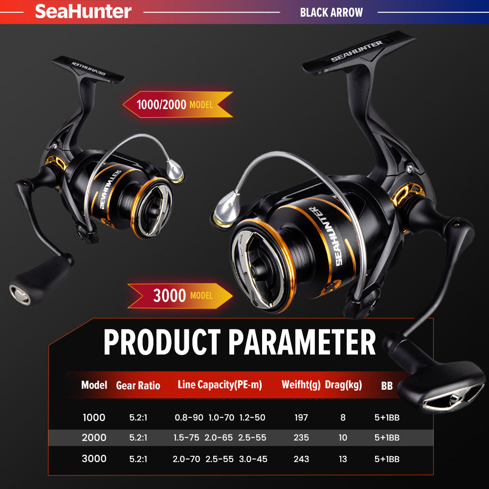 SeaHunter Black Arrow Power Handle Spinning Reel 13KG Drag Lightweight Professional 1PC