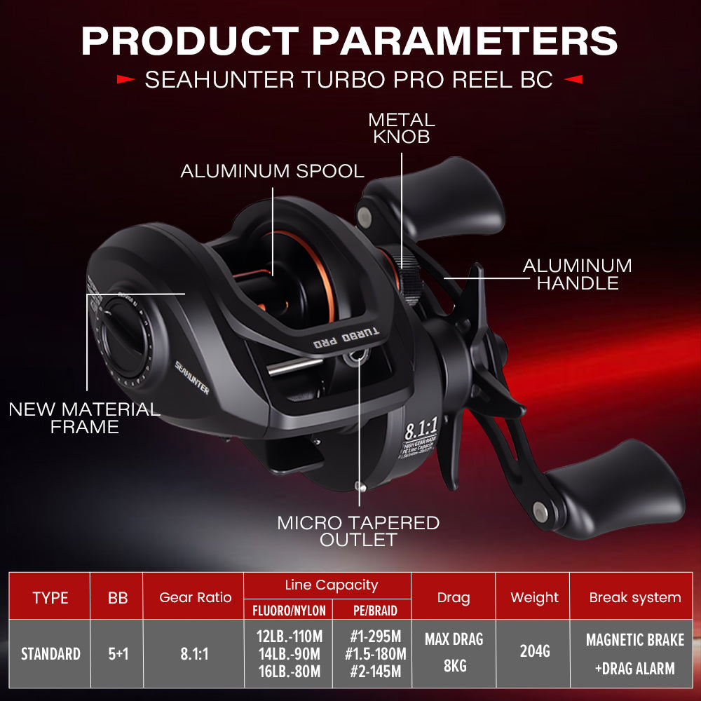 SeaHunter Turbo Pro 8.1:1 Baitcasting Reel 8kg Max Drag Clicker Aluminum Spool Fishing Reel 1PC