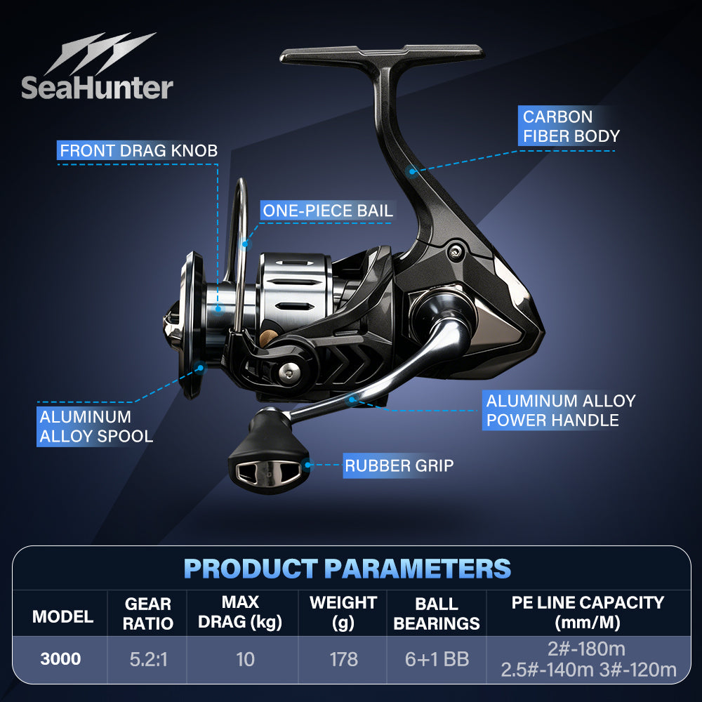 SeaHunter Atlas Ultra Light Spinning Reel Carbon Body Super Slow Oscillation Waterproo