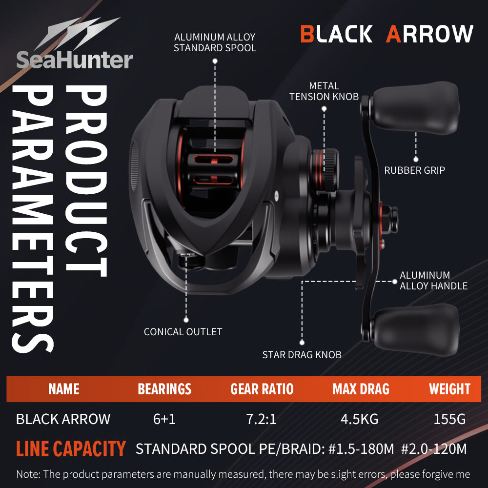 SeaHunter Black Arrow BC Reel 7.2:1 Gear Ratio 155g Ultralight 20-Level Magnetic Brake 1PC