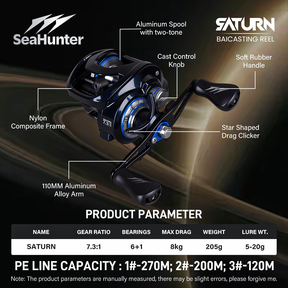 SeaHunter Saturn Baitcasting Reel 7.3:1 Gear Ratio Magnetic Brake Saltwater Freshwater Fishing Reel 1PC