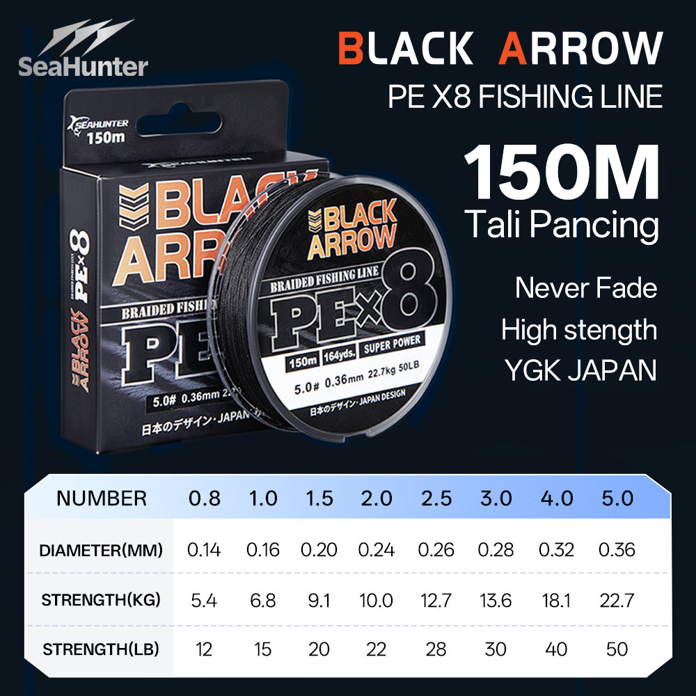 SeaHunter Black Arrow PE X8 150M Braided Fishing Line Japanese High Strength 12-50LB 1 Spool
