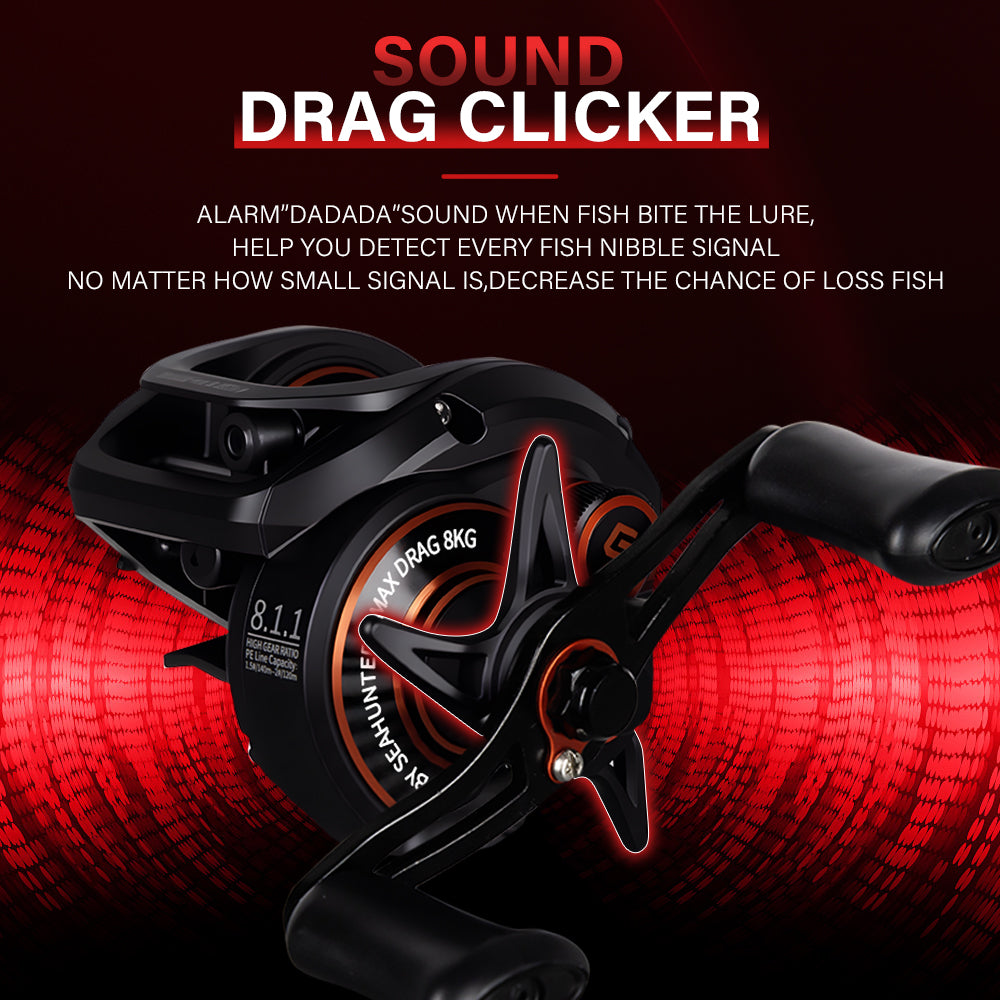 SeaHunter Turbo Pro 8.1:1 Baitcasting Reel 8kg Max Drag Clicker Aluminum Spool Fishing Reel 1PC