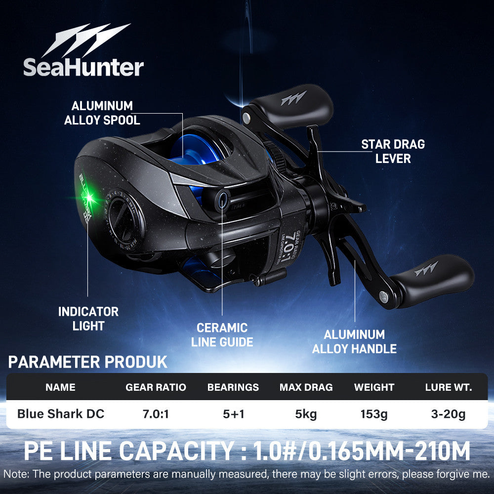 [OFFICIAL] SeaHunter Blue Shark DC Baitcasting Reel Pancing, Sistem Kontrol Digital Anti-Backlash, Rasio Gigi 7.0:1,5+1 BB Bearing, Drag MAX 5kg, Rangka Nilon Diperkuat Hanya 153g, Spool Aluminium CNC, Reel Air Asin & Air Tawar untuk Memancing Casting BC