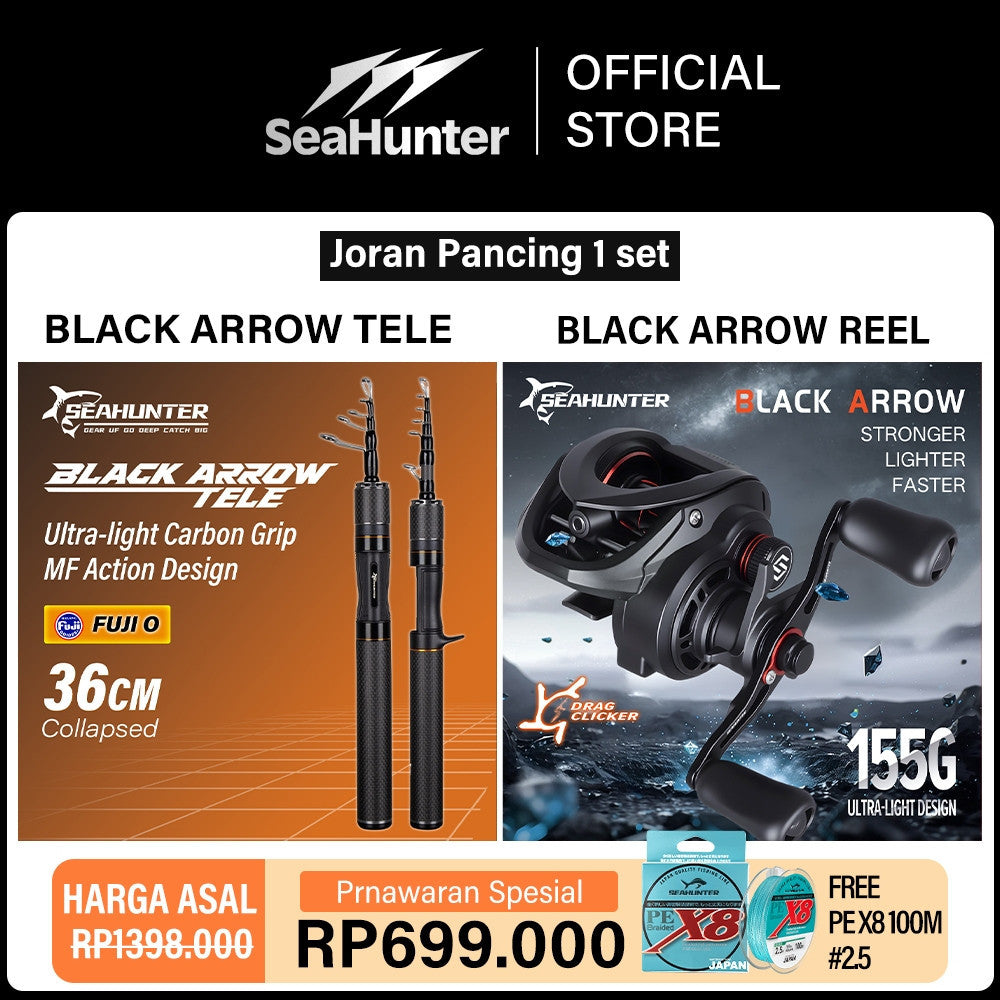 [OFFICIAL] SeaHunter Black Arrow Tele Joran Pancing + Black Arrow BC Reel Casting + Blue Shark Senar PE X8 = 1 Set