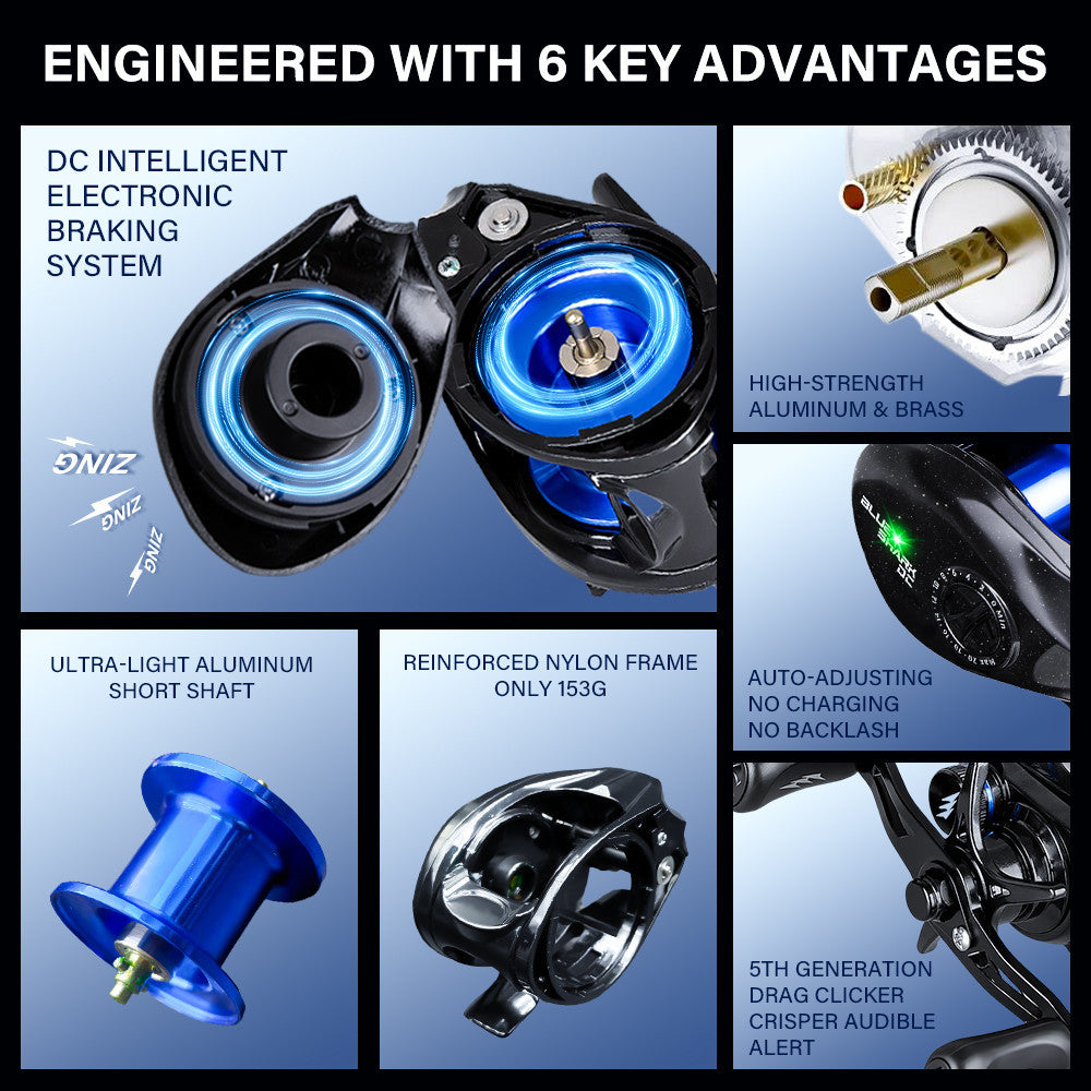 [OFFICIAL] SeaHunter Blue Shark DC Baitcasting Reel Pancing, Sistem Kontrol Digital Anti-Backlash, Rasio Gigi 7.0:1,5+1 BB Bearing, Drag MAX 5kg, Rangka Nilon Diperkuat Hanya 153g, Spool Aluminium CNC, Reel Air Asin & Air Tawar untuk Memancing Casting BC