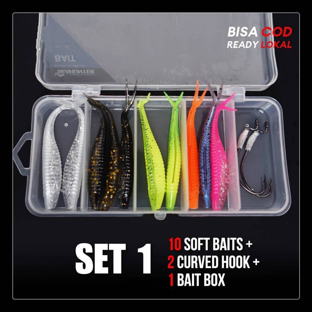 SeaHunter Soft Bait Fishing Lure Set 10pcs Paddle Tail T-Tail with Hooks and Box 1Set