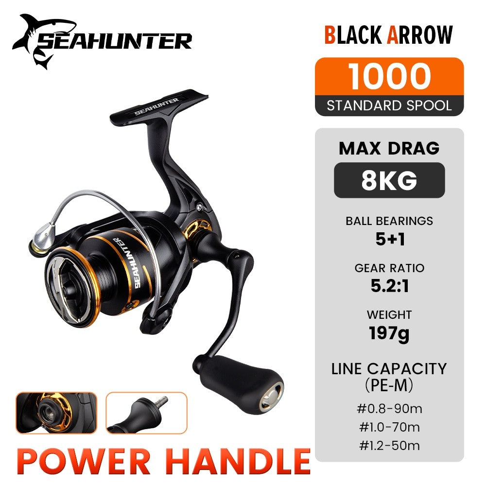 [OFFICIAL] SeaHunter BLACK ARROW Reel Pancing Power Handle Spinning Reel,Hendel Reel Ukuran 1000-3000,Kumparan Dangkal Aluminium,5+1BB Ball Bearings,5:2:1Gear Ratio,13KG Max Drag,Suitable for Saltwater and Freshwater
