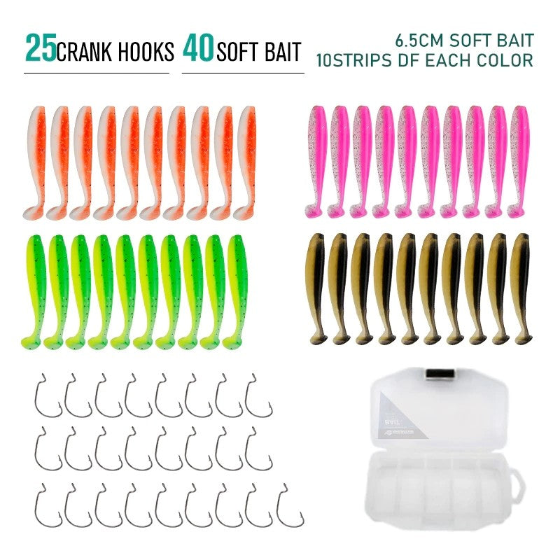 SeaHunter T-Tail Soft Bait: 6.5cm/1.8g High-Vibration Finesse Lure Set with Box - 66PCS/Kit