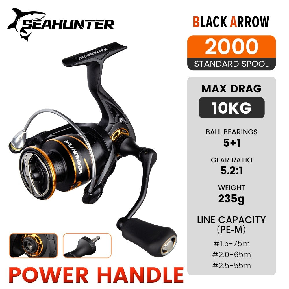 [OFFICIAL] SeaHunter BLACK ARROW Reel Pancing Power Handle Spinning Reel,Hendel Reel Ukuran 1000-3000,Kumparan Dangkal Aluminium,5+1BB Ball Bearings,5:2:1Gear Ratio,13KG Max Drag,Suitable for Saltwater and Freshwater