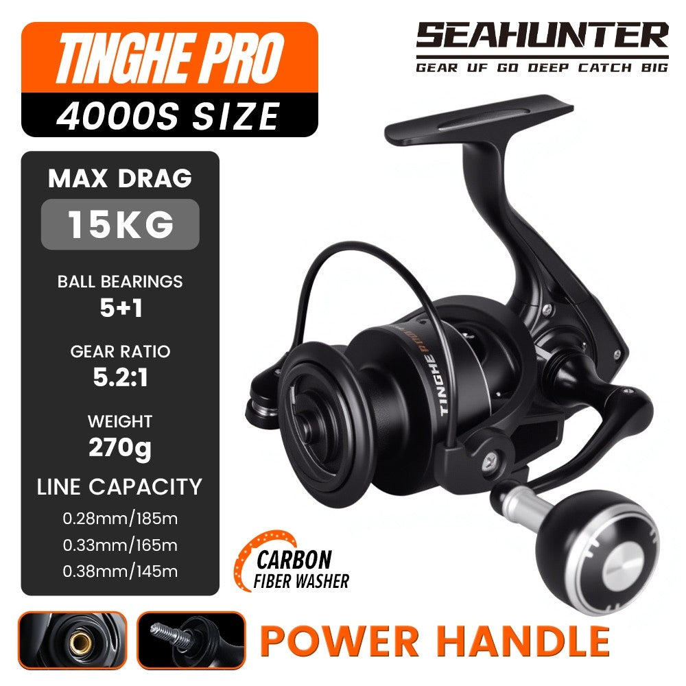 SeaHunter Tinghe Pro Spinning Reel 15kg Drag Carbon Fiber Power Handle Saltwater Freshwater Fishing Reel 1PC