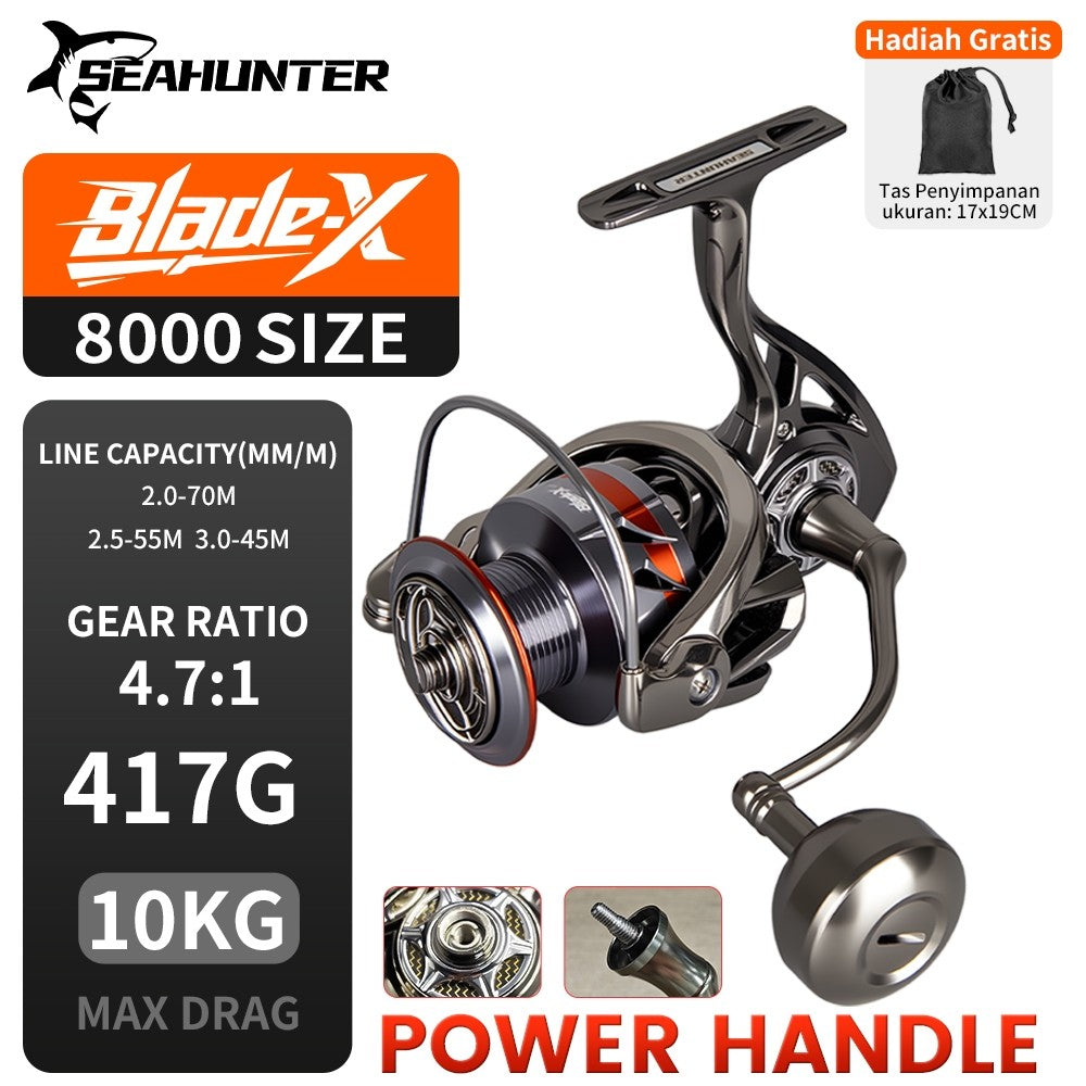 [OFFICIAL] SeaHunter Blade X Reel Pnacing Power Hnadle All Metal Spinning Fishing Reel 7+1 BB 5.1:1/4.7:1 Gear Ratio 3000-8000 Series 10KG Max Drag, Aluminum Alloy Bodyand Grip Saltwater Fishing Whee