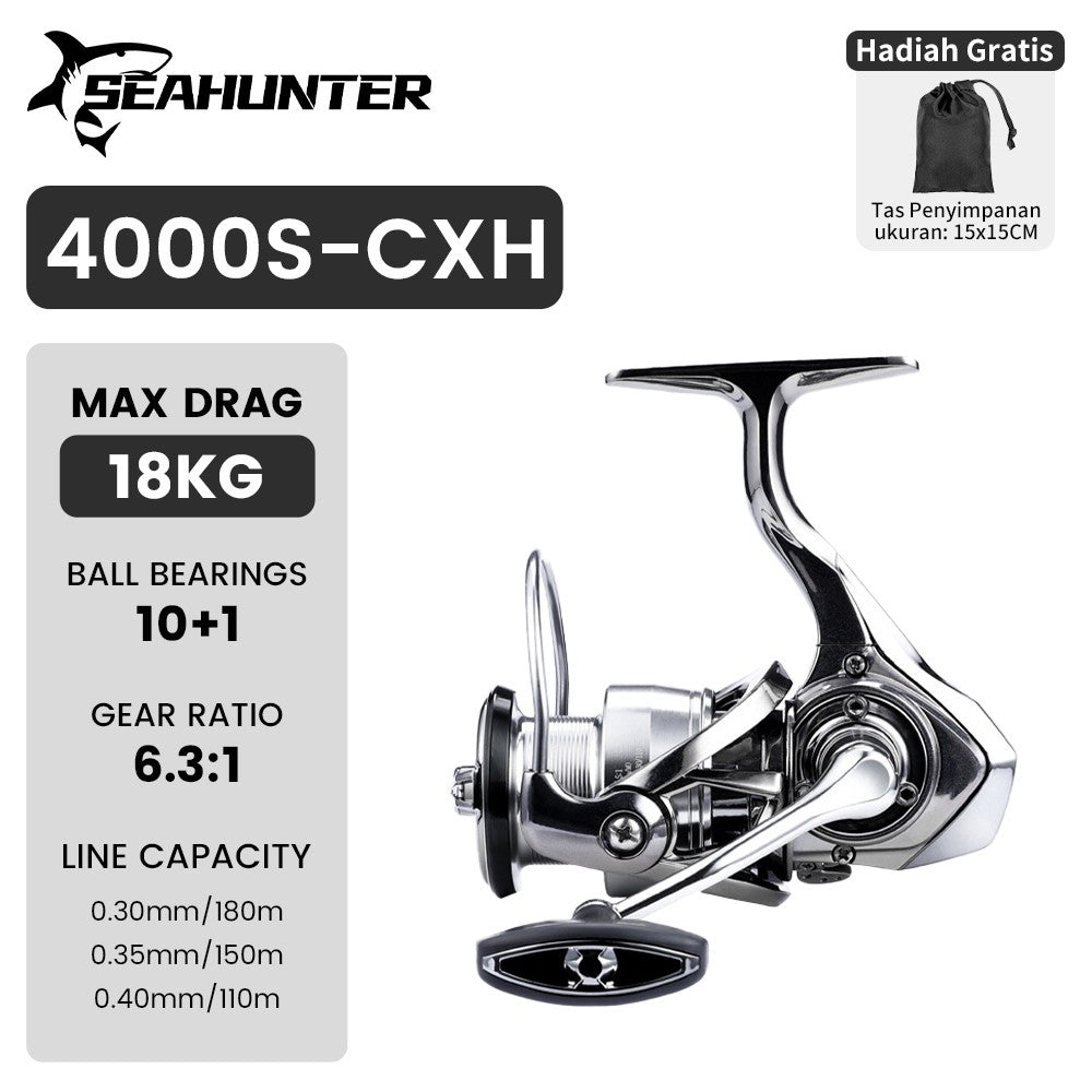[OFFICIAL] Versi Tingkat Lanjut SeaHunter EXIST MAX Power Handle Spinning Fishing Reel Pancing, 12+1BB, Gear Ratio 6:3:1, Max Drag 10-18kg,SW Saltwater ALL Metal Aluminum Alloy, High-Quality Spinning Fishing Reel Air Laut, Tawar