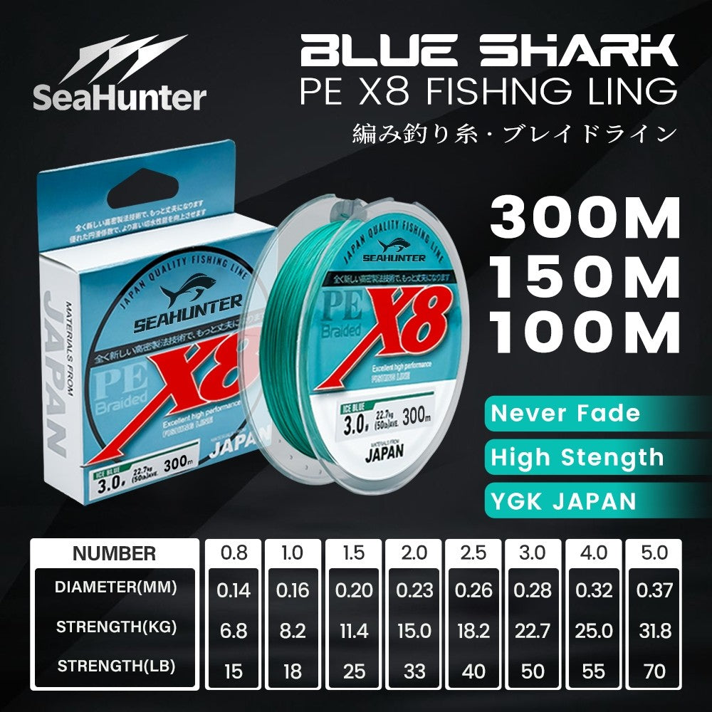 [OFFICIAL] SeaHunter Blue Shark 100M&150M&300M PE X8 Senar Pancing, Tahan Aus Senar PE X8 Hijau Merah Anti Kusut Tali Pancing Dikepang 300m Halus Lembut Jepang Braided Fishing Line Memancing Di Laut