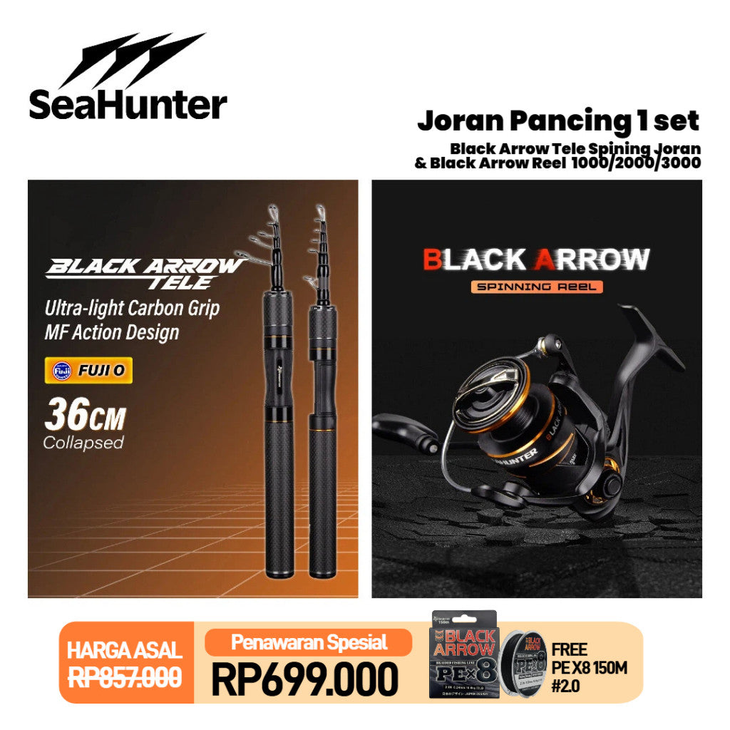 [OFFICIAL] SeaHunter Black Arrow Tele Joran Pancing Spinning Set = Telescopic Joran Fishing Rod + Reel Power Handle Spinning Reel + 150M PE X8 Senar Fishing Line