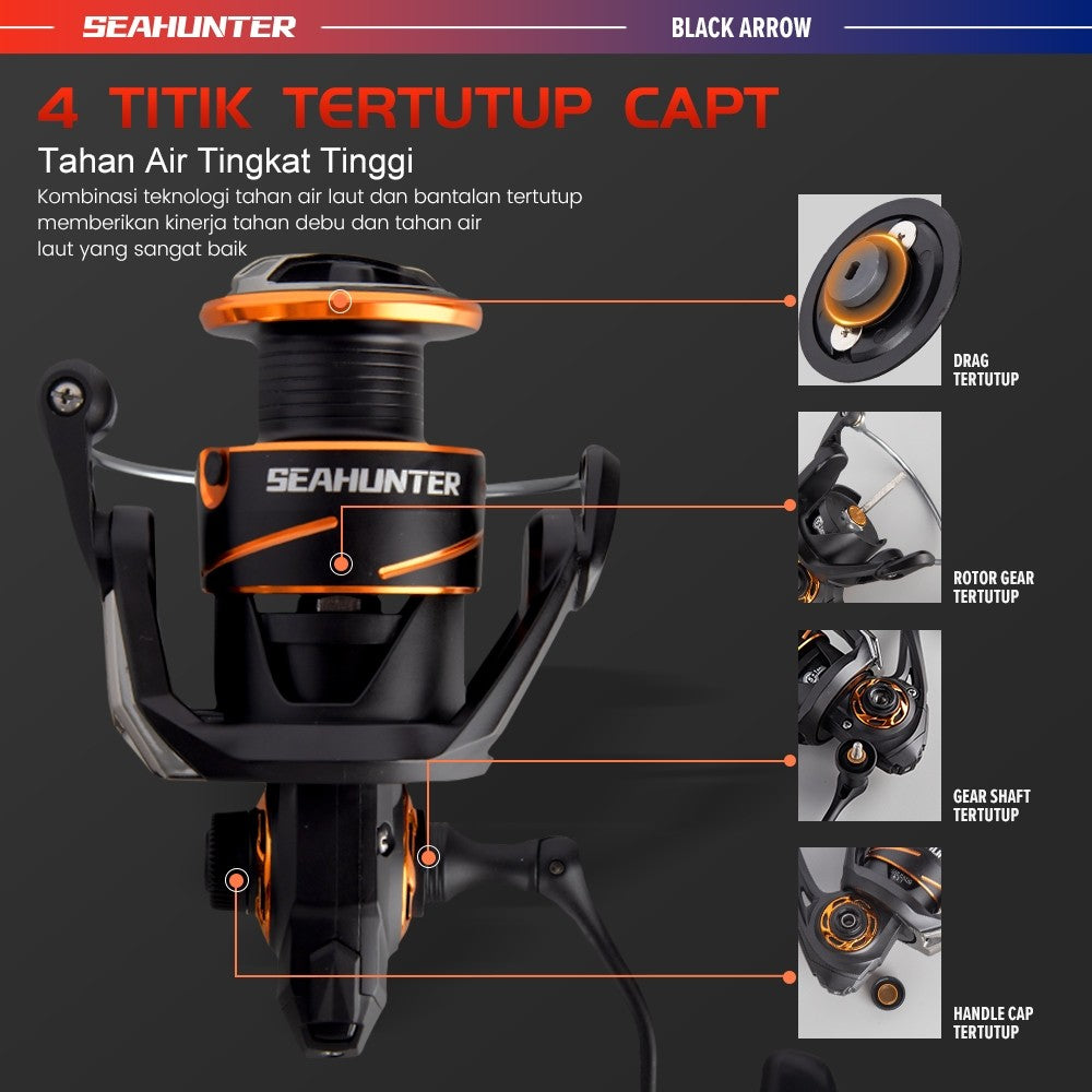 [OFFICIAL] SeaHunter BLACK ARROW Reel Pancing Power Handle Spinning Reel,Hendel Reel Ukuran 1000-3000,Kumparan Dangkal Aluminium,5+1BB Ball Bearings,5:2:1Gear Ratio,13KG Max Drag,Suitable for Saltwater and Freshwater