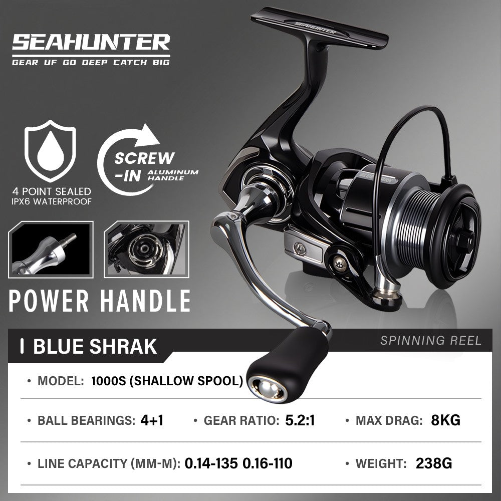 [OFFICIAL] SeaHunter Blue Shark Reel Pancing Power Handle Spinning Reel, 4 + 1 BB Bearings, 5.2:1 Gear Ratio, Maks 8KG Drag, CNC Aluminium Dangkal Spool, Multizon Tahan Air, Cocok untuk Mancing Air Tawar & Laut, Aliran Sungai, Danau, Ikan Mikro Spesies