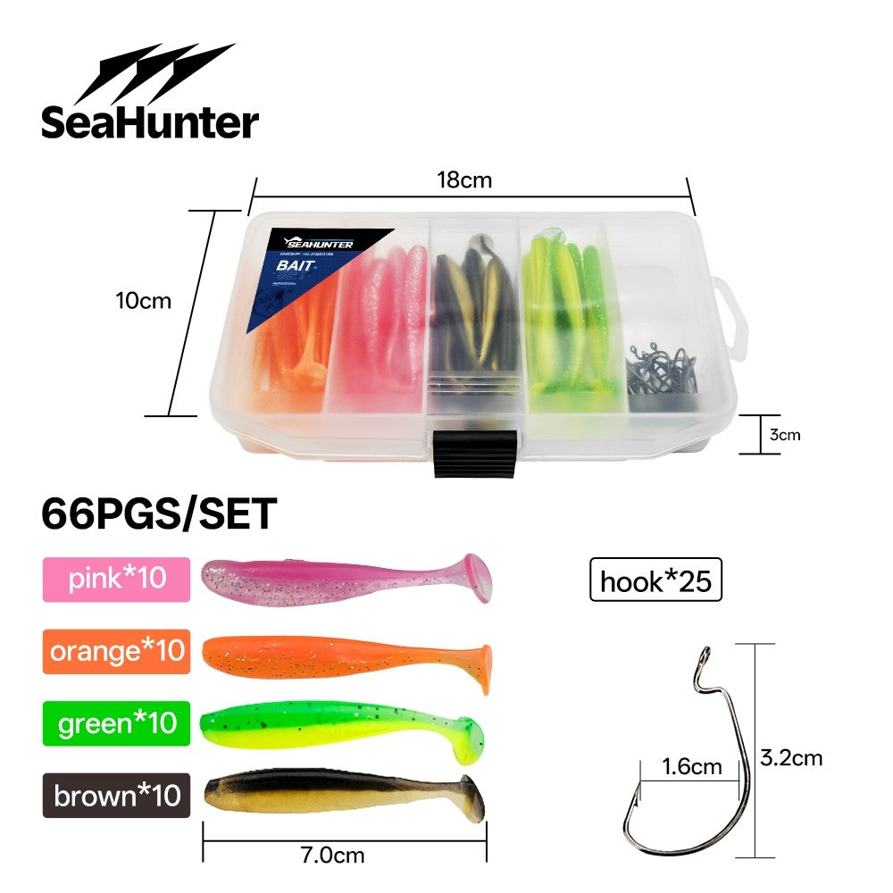 SeaHunter T-Tail Soft Bait: 6.5cm/1.8g High-Vibration Finesse Lure Set with Box - 66PCS/Kit