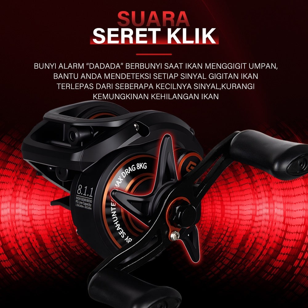 SeaHunter Turbo Pro 8.1:1 Baitcasting Reel 8kg Max Drag Clicker Aluminum Spool Fishing Reel 1PC