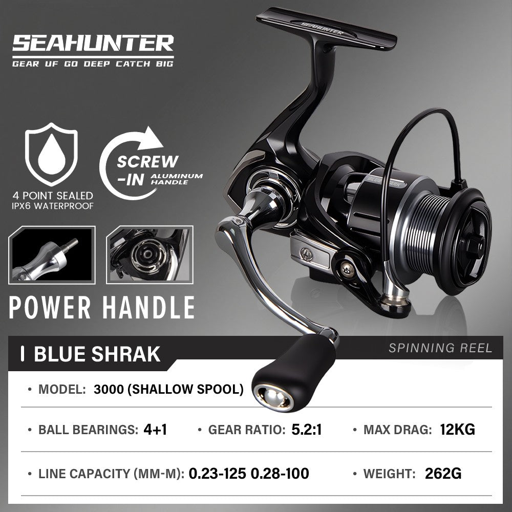 [OFFICIAL] SeaHunter Blue Shark Reel Pancing Power Handle Spinning Reel, 4 + 1 BB Bearings, 5.2:1 Gear Ratio, Maks 8KG Drag, CNC Aluminium Dangkal Spool, Multizon Tahan Air, Cocok untuk Mancing Air Tawar & Laut, Aliran Sungai, Danau, Ikan Mikro Spesies