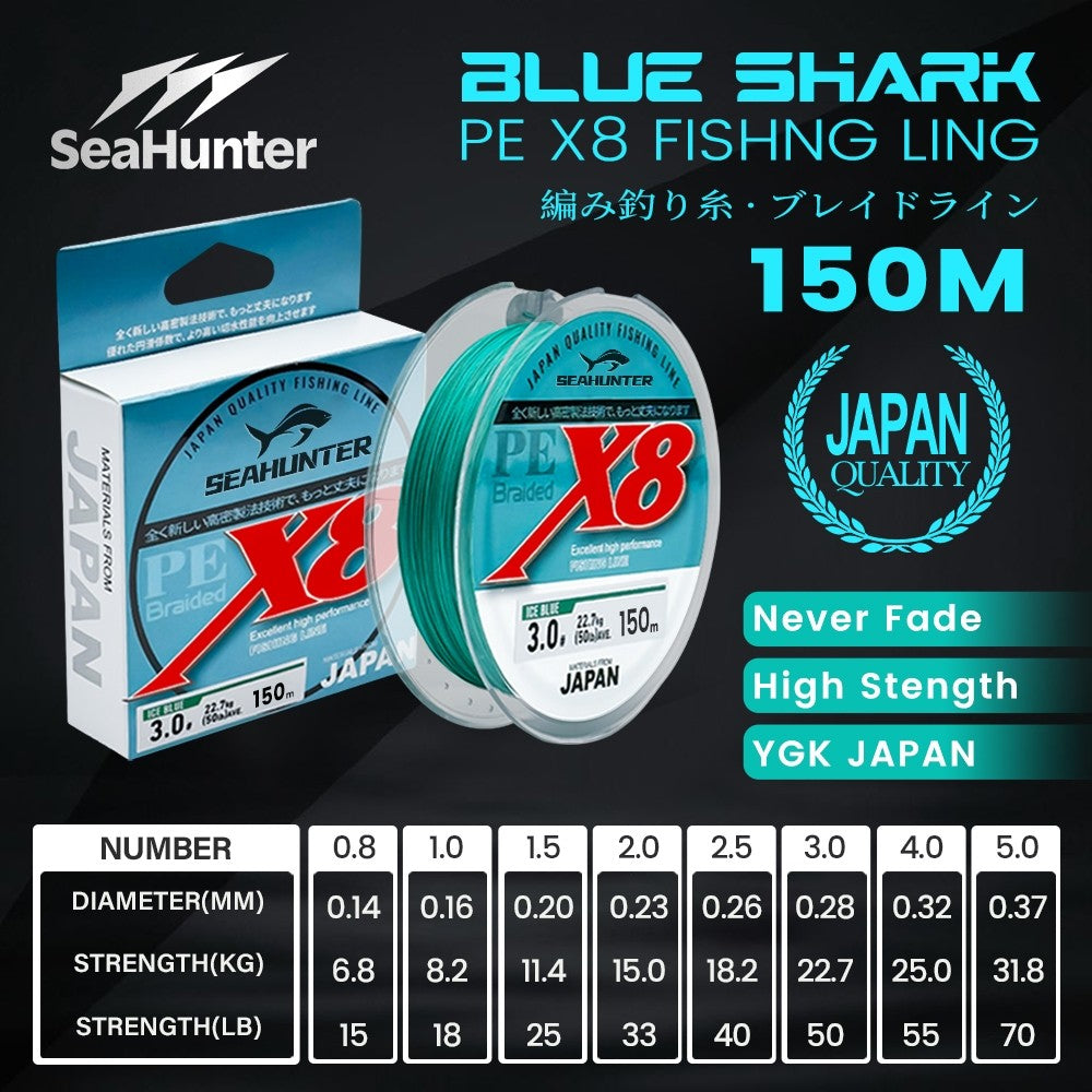 [OFFICIAL] SeaHunter Blue Shark 100M&150M&300M PE X8 Senar Pancing, Tahan Aus Senar PE X8 Hijau Merah Anti Kusut Tali Pancing Dikepang 300m Halus Lembut Jepang Braided Fishing Line Memancing Di Laut
