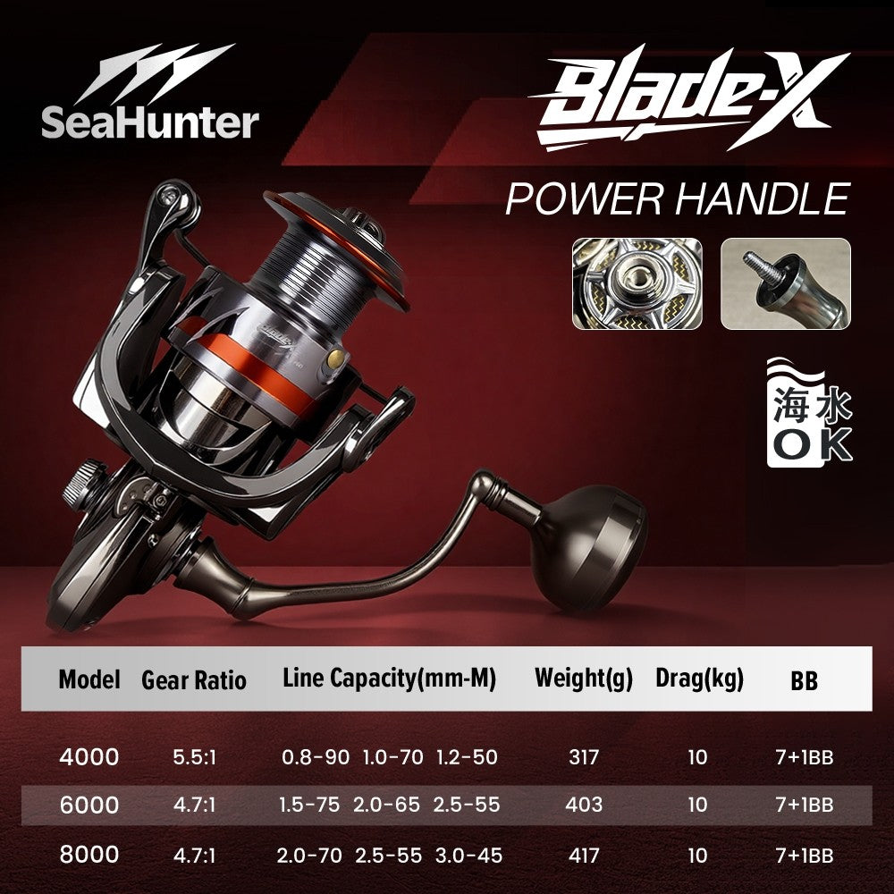 [OFFICIAL] SeaHunter Blade X Reel Pnacing Power Hnadle All Metal Spinning Fishing Reel 7+1 BB 5.1:1/4.7:1 Gear Ratio 3000-8000 Series 10KG Max Drag, Aluminum Alloy Bodyand Grip Saltwater Fishing Whee