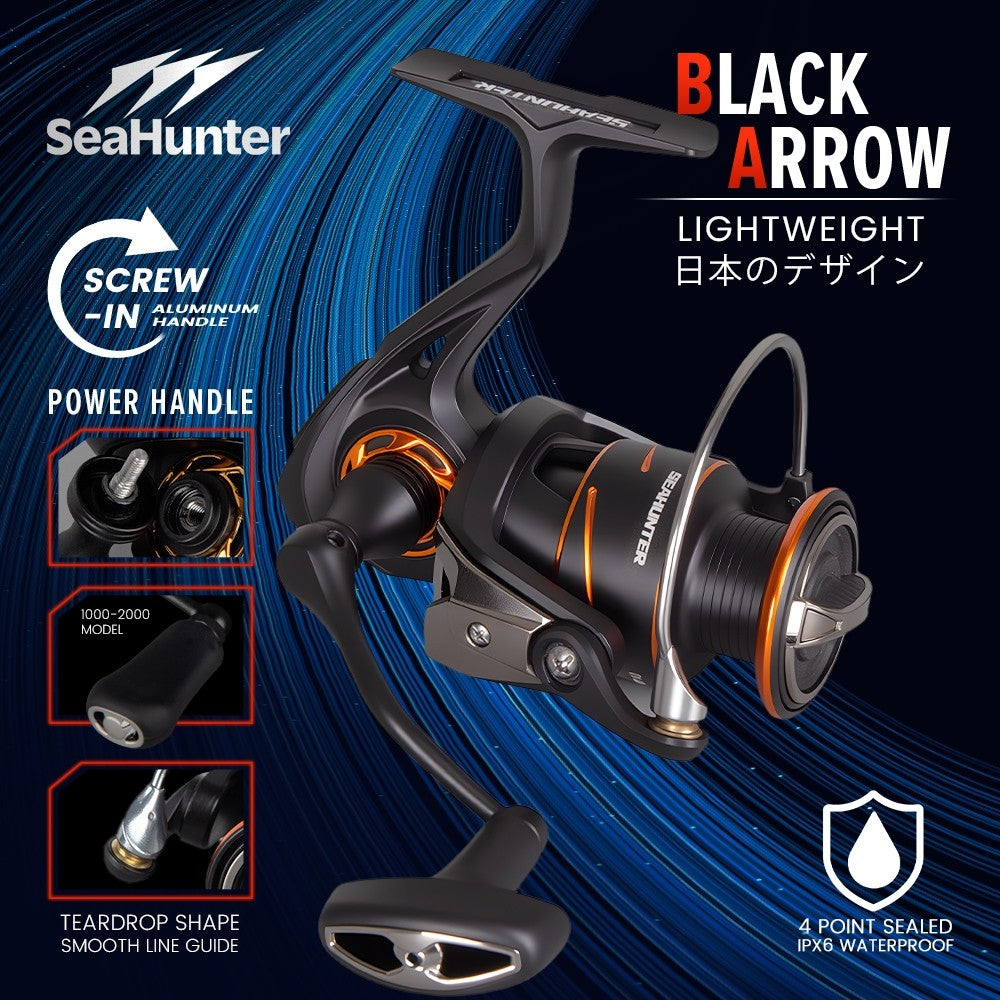 [OFFICIAL] SeaHunter BLACK ARROW Reel Pancing Power Handle Spinning Reel,Hendel Reel Ukuran 1000-3000,Kumparan Dangkal Aluminium,5+1BB Ball Bearings,5:2:1Gear Ratio,13KG Max Drag,Suitable for Saltwater and Freshwater