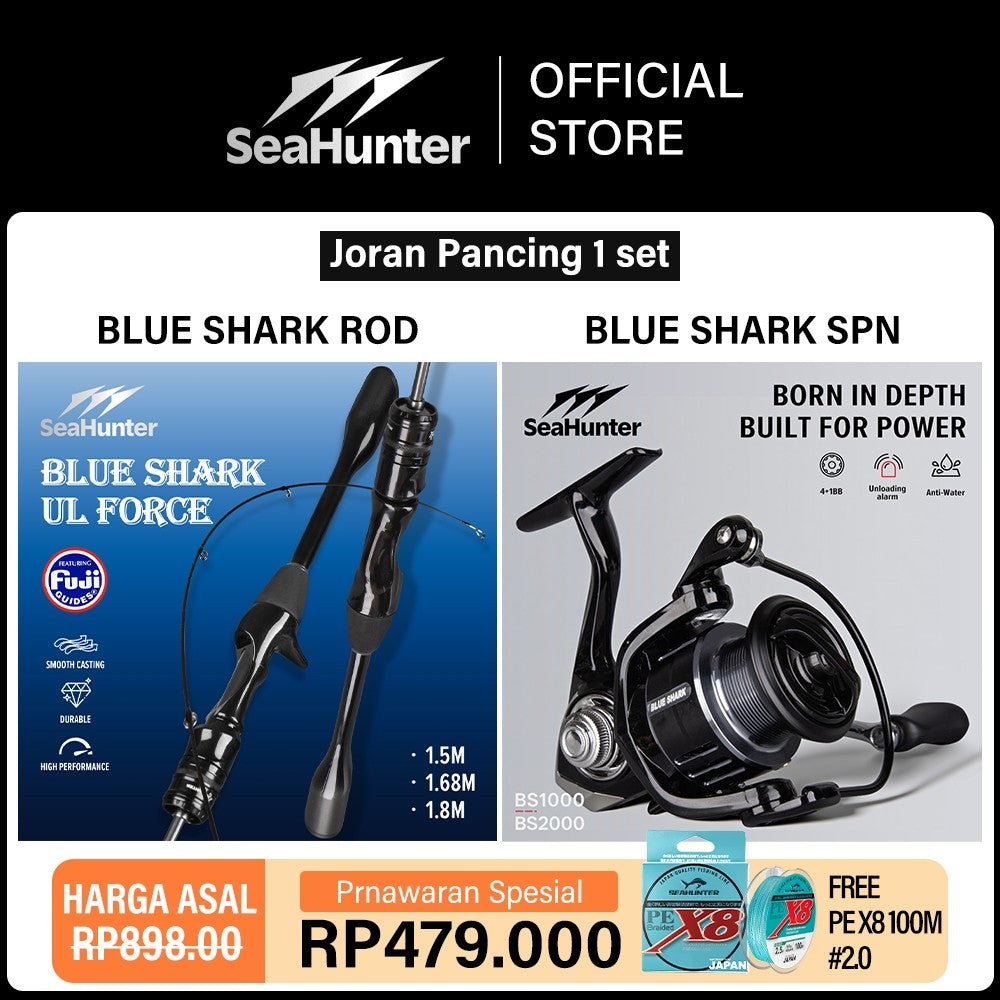 [OFFICIAL] SeaHunter Blue Shark Joran Pancing 1 SET= Blue Shark Spinning Joran UL Power Rod+Blue Shark Power Handle Spinning Reel Pancing + 100M PE X8 Senar Fishing Line