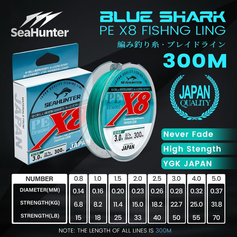 [OFFICIAL] SeaHunter Blue Shark 100M&150M&300M PE X8 Senar Pancing, Tahan Aus Senar PE X8 Hijau Merah Anti Kusut Tali Pancing Dikepang 300m Halus Lembut Jepang Braided Fishing Line Memancing Di Laut