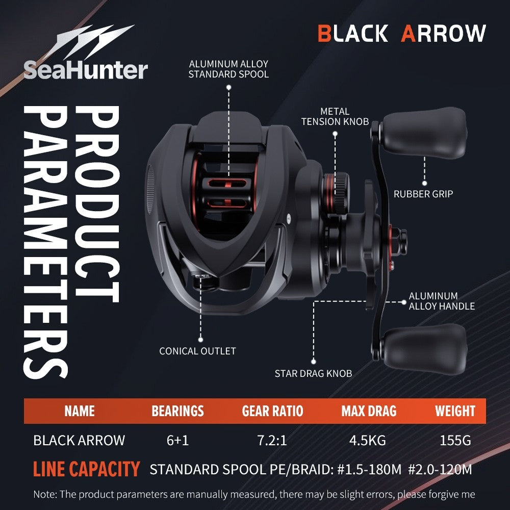 [OFFICIAL] SeaHunter BLACK ARROW Reel BC Reel Pancing Baitcasting, Drag Clicker, 6+1 BB Ball Bearings, 7.2:1 Gear Ratio, 4.5kg Max Drag, Reinforced Nylon Frame, 20-level Magnetic Brake System with 8pcs N32 magnet Bait Casting Reel BC Fishing Reel