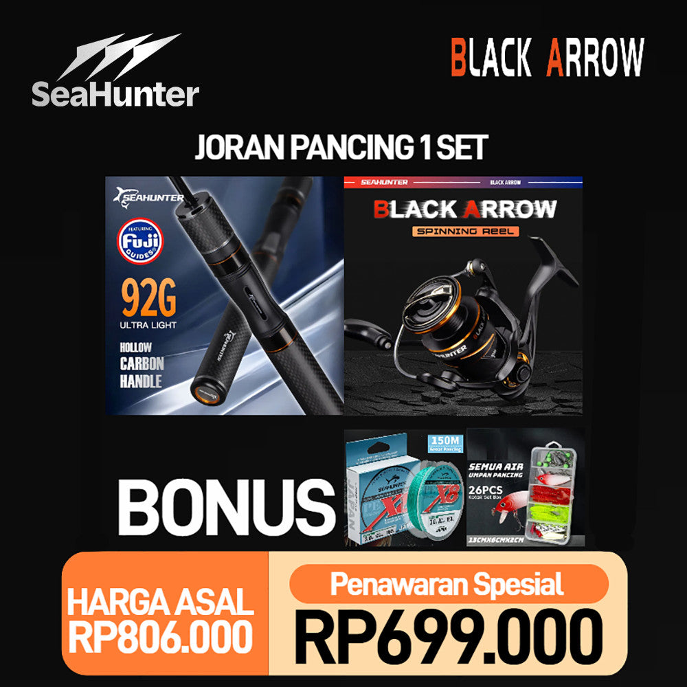 [OFFICIAL] SeaHunter Black Arrow Joran Pancing 1 Set=Joran+Reel+PE X8 Senar+Lure Set, Power Handle