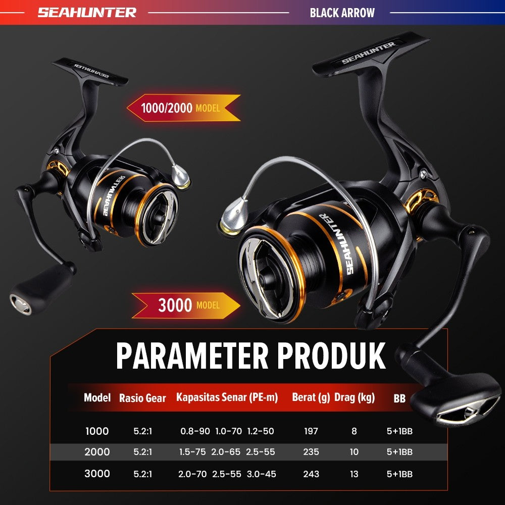[OFFICIAL] SeaHunter BLACK ARROW Reel Pancing Power Handle Spinning Reel,Hendel Reel Ukuran 1000-3000,Kumparan Dangkal Aluminium,5+1BB Ball Bearings,5:2:1Gear Ratio,13KG Max Drag,Suitable for Saltwater and Freshwater