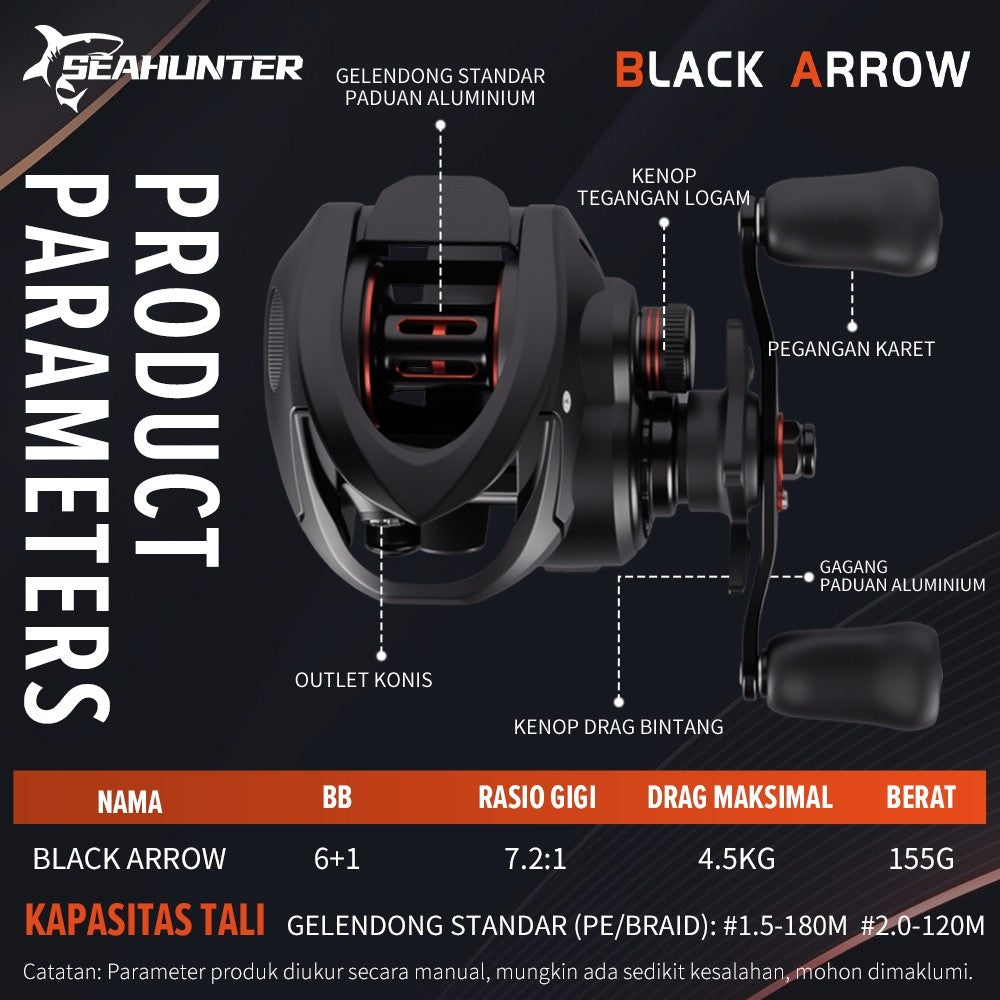 [OFFICIAL] SeaHunter BLACK ARROW Reel BC Reel Pancing Baitcasting, Drag Clicker, 6+1 BB Ball Bearings, 7.2:1 Gear Ratio, 4.5kg Max Drag, Reinforced Nylon Frame, 20-level Magnetic Brake System with 8pcs N32 magnet Bait Casting Reel BC Fishing Reel