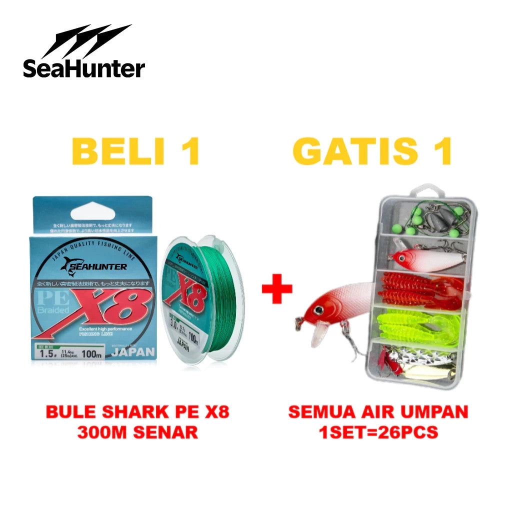 [Beli 1 Gratis 1] SeaHunter BLUE SHARK PE X8 Senar Pancing 300M + Semua Air Umpam Pancing 1 SET 26PCS, Senar Pancing