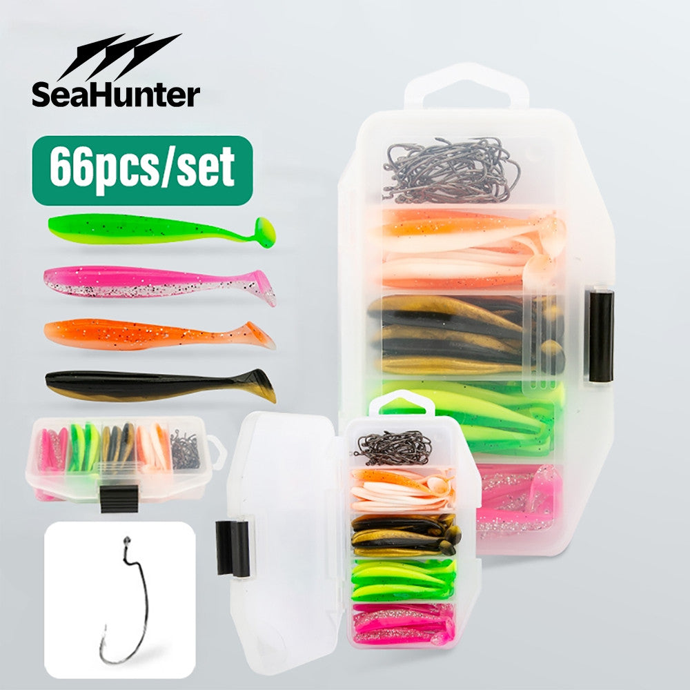SeaHunter T-Tail Soft Bait: 6.5cm/1.8g High-Vibration Finesse Lure Set with Box - 66PCS/Kit