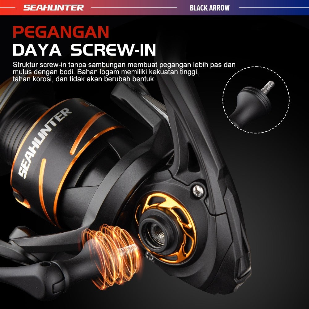 [OFFICIAL] SeaHunter BLACK ARROW Reel Pancing Power Handle Spinning Reel,Hendel Reel Ukuran 1000-3000,Kumparan Dangkal Aluminium,5+1BB Ball Bearings,5:2:1Gear Ratio,13KG Max Drag,Suitable for Saltwater and Freshwater