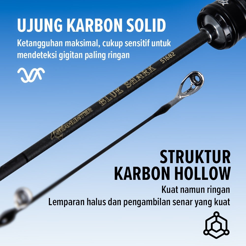 [OFFICIAL] SeaHunter Blue Shark Joran Pancing BC Casting/Spinning, Cincin Panduan FUJI O,Max 10kg,Panjang 1.5M/1.68M/1.8M (4.92FT), Berat 80g, Umpan 1-9G, Tipe UL, Serat Karbon,  BFS Tombol Suara, Lampu Tiang Ikan Mikro, Ujung Padat Karbon Fiber