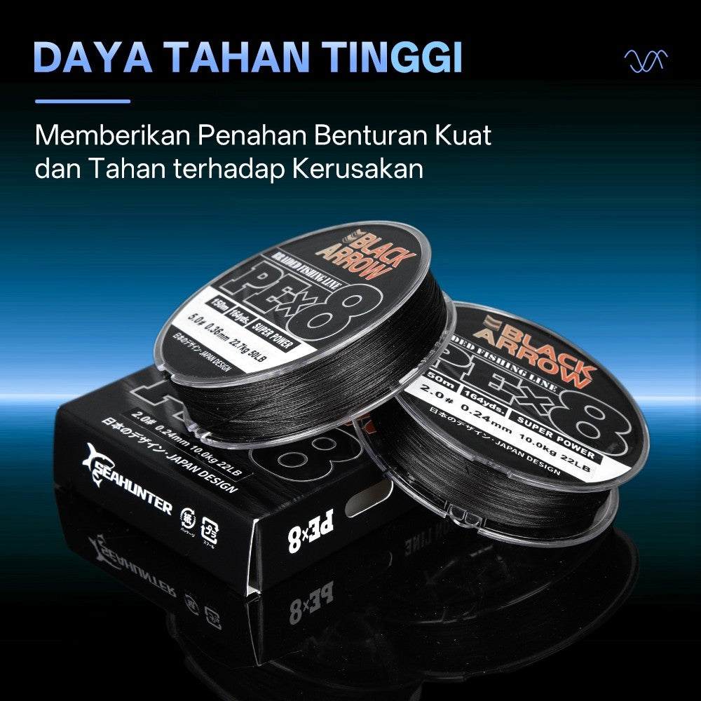 [OFFICIAL] SeaHunter Black Arrow PE X8 Senar Pancing 150M 5.4KG-22.7KG(12-50LB) Braided Fishing Lines 8 Untaian Kepang Senar PE Multifilamen Kualitas Jepang Senar Utama Kekuatan Tinggi senar pancing kuat, senar pancing pe