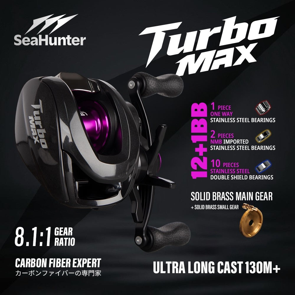 [OFFICIAL] SeaHunter Turbo MAX 8.1:1 Gear ratio BC Reel Pancing,Drad Clicker, 12+1 Ball Bearings Double-sealed Stainless Steel High-performance Silent Operation, Max Drag 5-8kg, Aluminum Alloy Spool &  Handle Arm, Carbon Fiber Body Baitcasting Reel