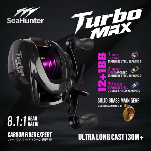 SeaHunter Turbo Max 8.1:1 Baitcasting Reel 12+1BB Drag Clicker Carbon Fiber Saltwater Freshwater Fishing Reel 1PC