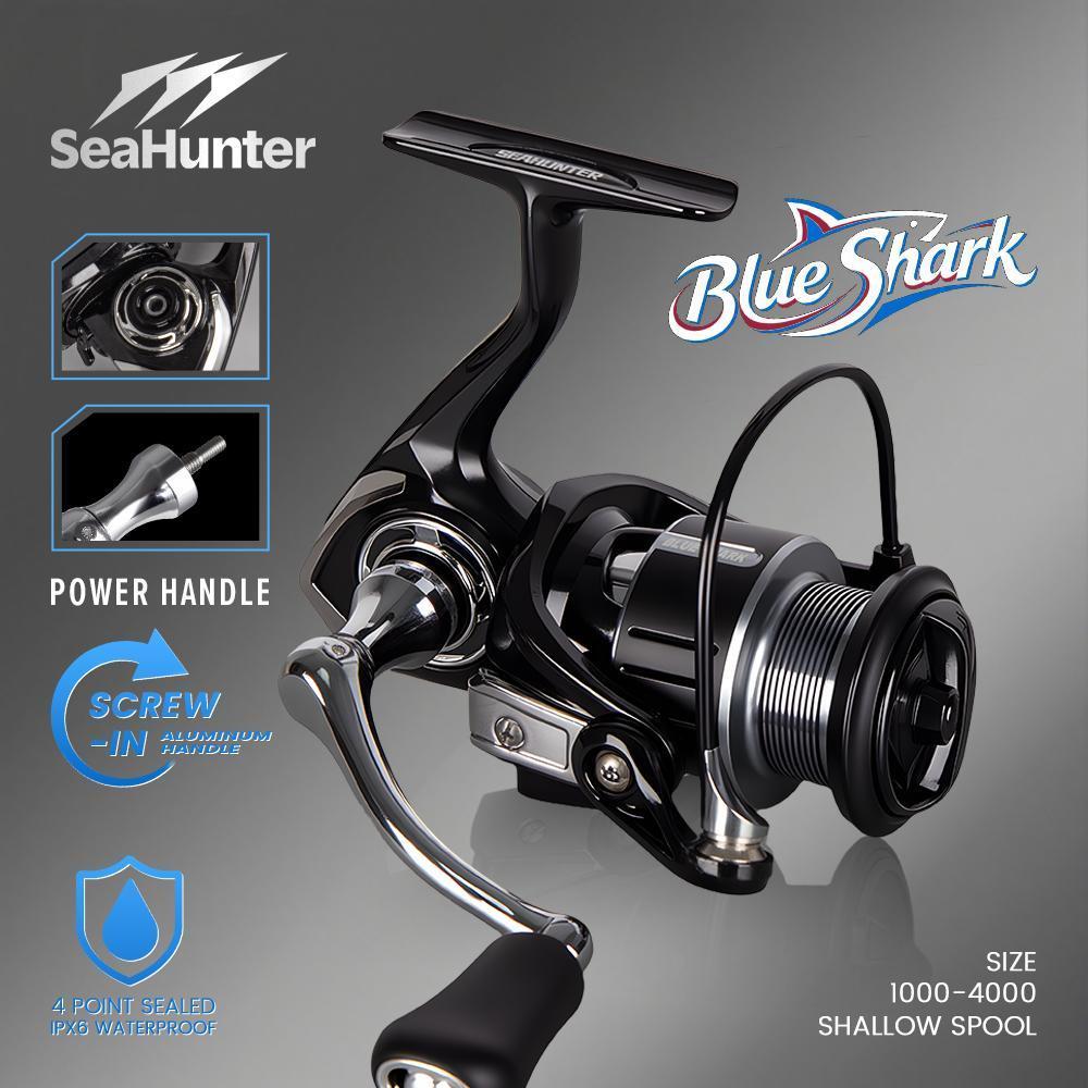 [OFFICIAL] SeaHunter Blue Shark Reel Pancing Power Handle Spinning Reel, 4 + 1 BB Bearings, 5.2:1 Gear Ratio, Maks 8KG Drag, CNC Aluminium Dangkal Spool, Multizon Tahan Air, Cocok untuk Mancing Air Tawar & Laut, Aliran Sungai, Danau, Ikan Mikro Spesies